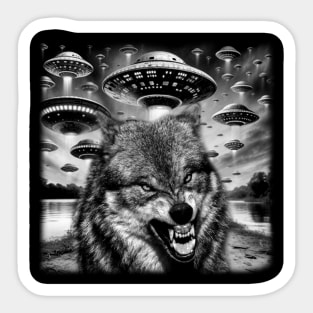 Celestial Pack Howling Fashion with Wolf UFO T-Shirt Elegance Sticker